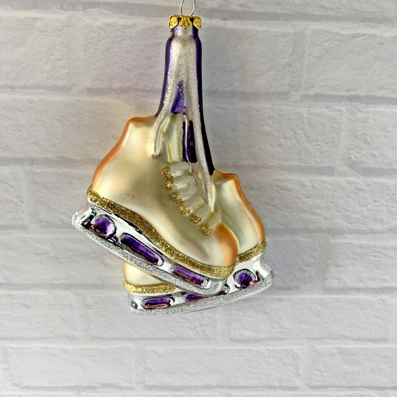 Blown Glass Pair of Gold Ice Skates Christmas Ornament Ice Skating Holiday BRN - Picture 4 of 7
